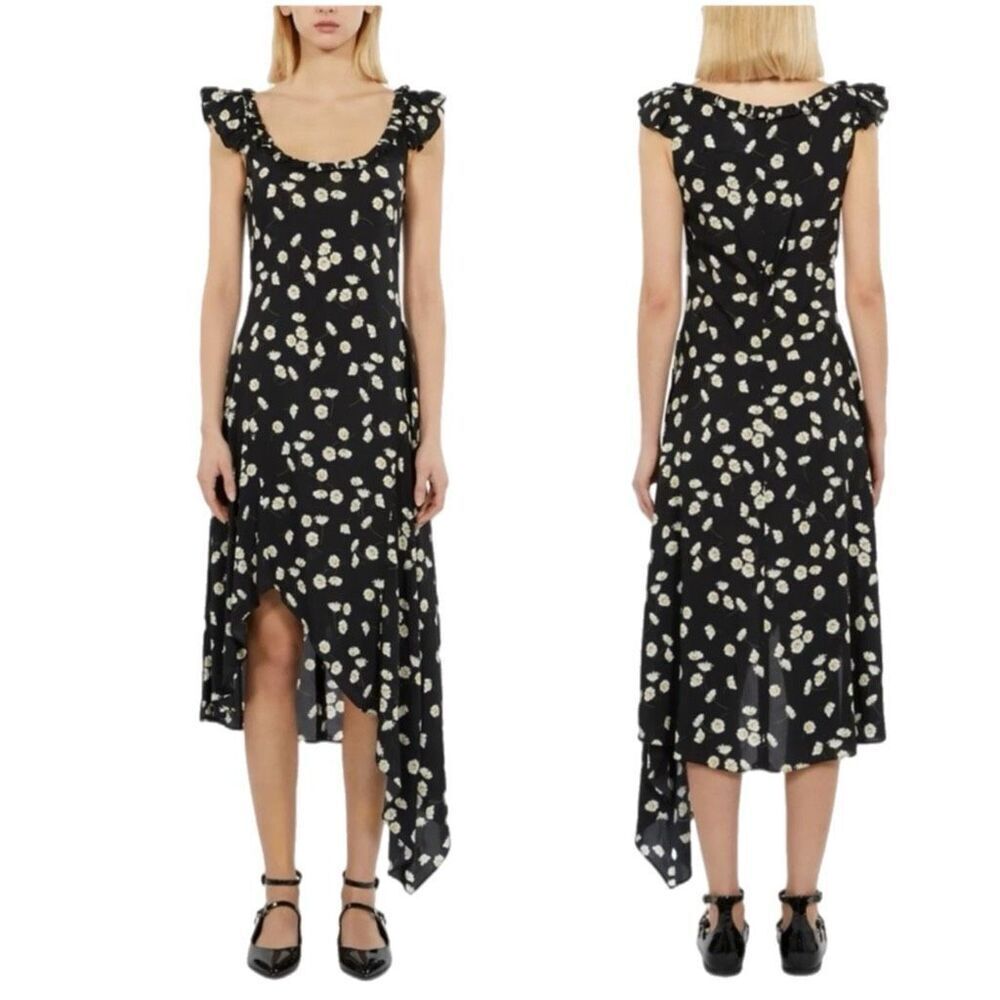 NWT The Kooples Women's Black White Daisy-print Asymmetric Hem Midi Dress. USA S